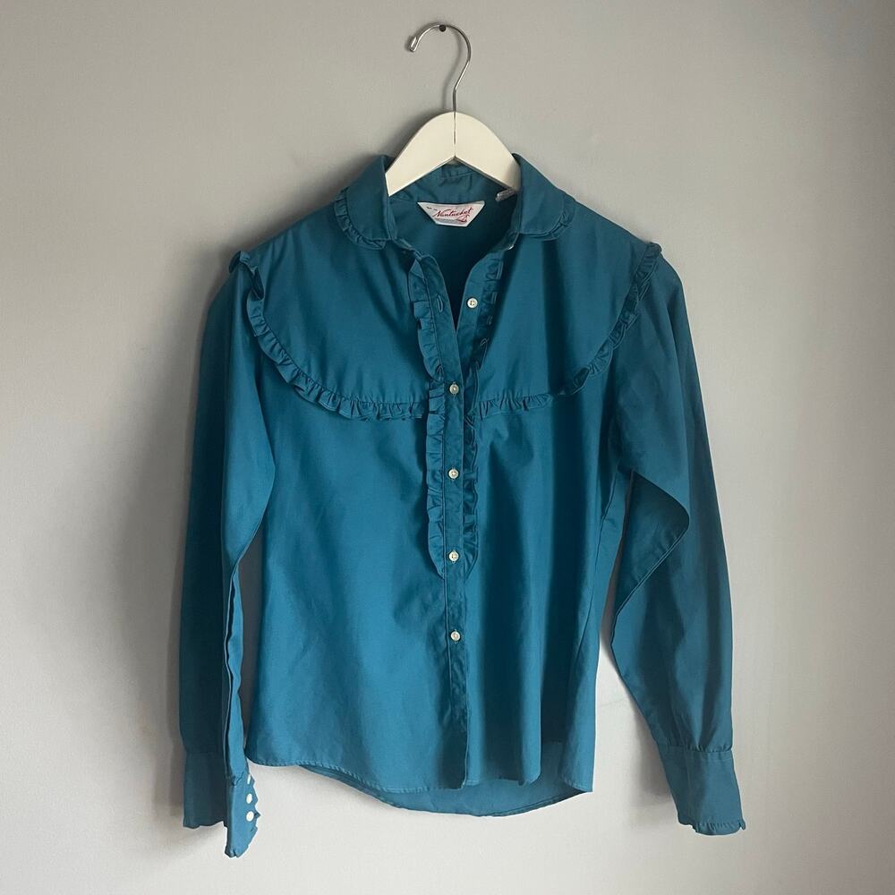 Vintage Western Cottagecore Blouse Blue Nantucket Size 8 Prairie 70s 80s PTP 18"